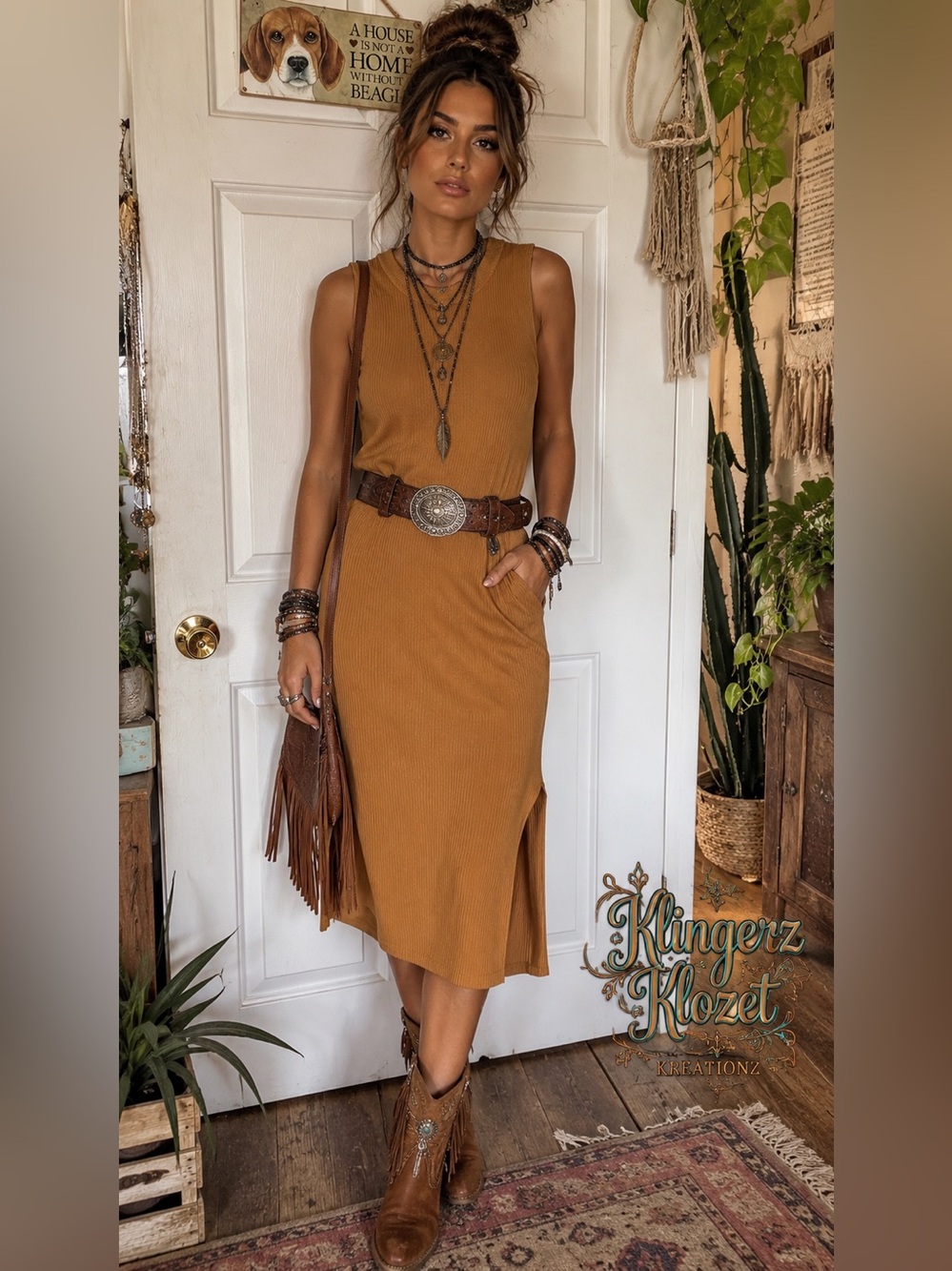 Sleeveless bohemian Ribbed Midi Dress in Mustard by Aster
